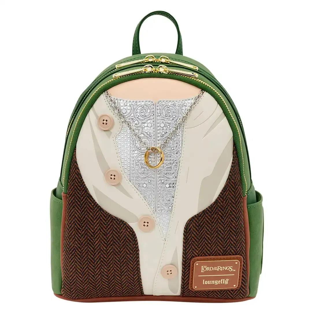 Loungefly Lord of the Rings Frodo Mithril Fantasy Mini Backpack, Tweed and Faux Leather Collectible with Buttons and Engraved Ring, Collectibles, Metallic, Female, Everyday Carry, Adjustable Strap, Casual, Lightweight, 9” W X 10.5” H X 4.5” D, Casual Wear