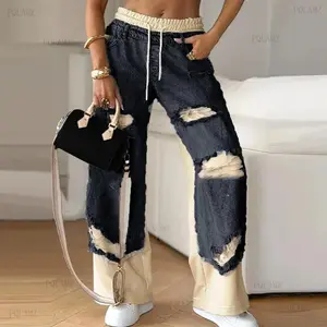 2025Women's Vintage Denim Joggers - Hip Hop Loose Sweatpants w/ Hole & Splicing Design |   Casual Streetwear  Jean Womenswear Adjustable Blouse Bottom