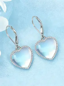Elegant Heart Moonstone Dangle Earrings, 925 Silver Plated, Hypoallergenic, Fashionable Pendant Ear Jewelry, Perfect Gift for Women