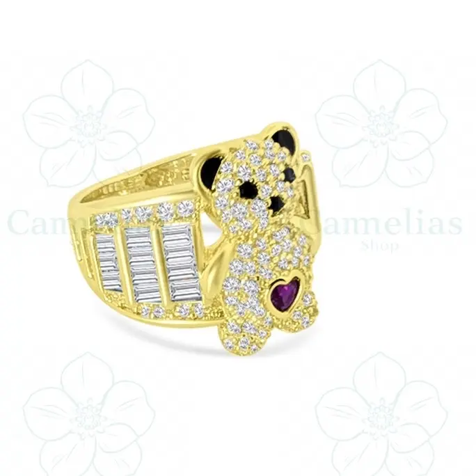 Bear Ring with Sparkling Cubic Zirconia and Heart Detail in Gold Tone for Stylish Accessory cod Ring-6024