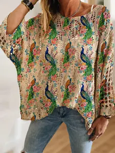 Women's Animal Peacock Floral Print Long Sleeve Knit Hollow Out Top, Casual Elegant Vacation Style Sweater, Valentine's Day Fashion Knitwear