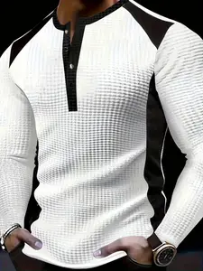 Men's Colorblock Long Sleeve Henley Shirt, Casual Fitted Breathable Top for Spring & Fall, Comfortable Daily Wear, Casual Wear Clothing, Casual Comfy Fit