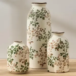 Green and Beige Antique Vase Set of 3, Vintage Chinoiserie Floral Vase, Rustic Ceramic Vase for Home Decor, Living Room, Bookshelf, Office, Entryway, Garde