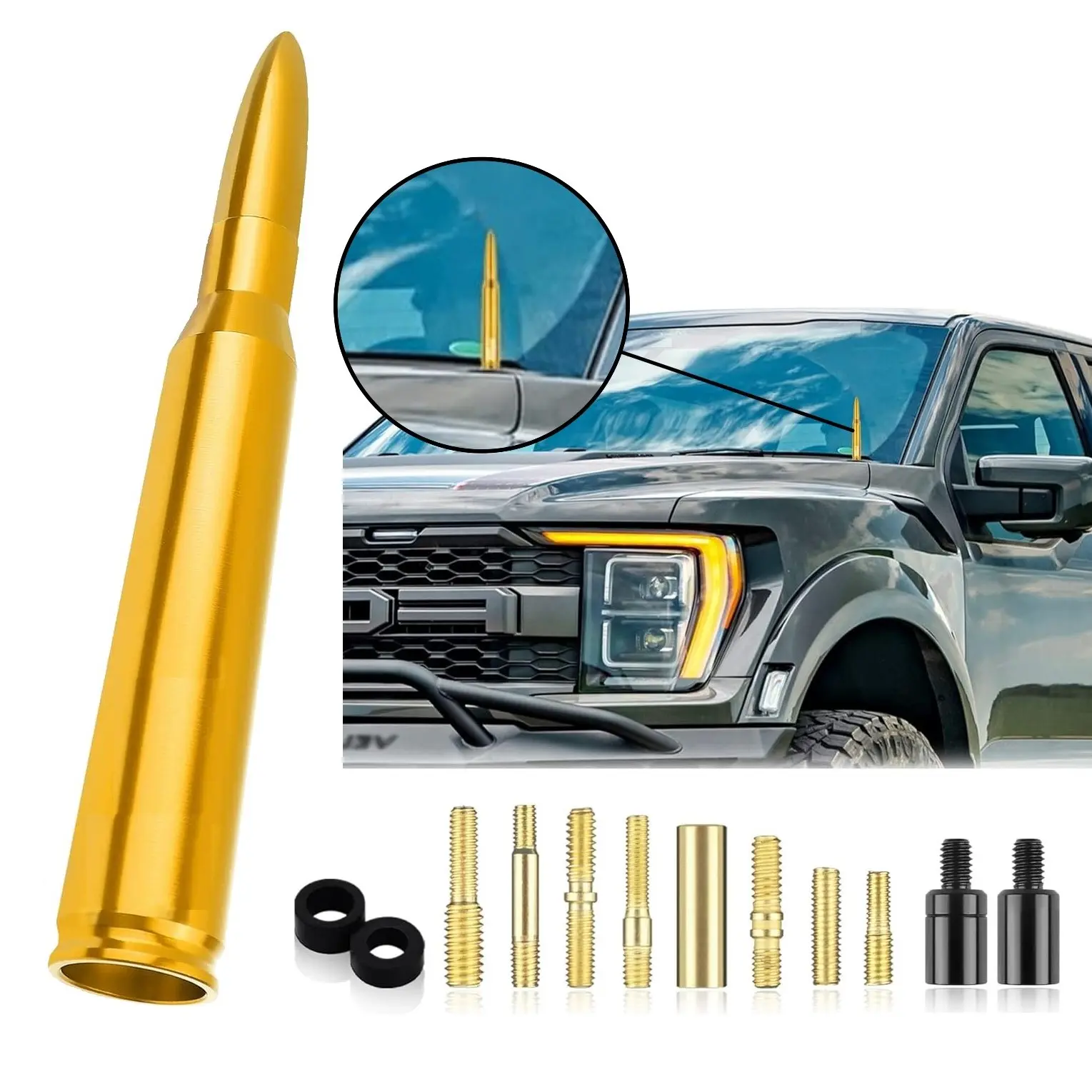 Truck Car Bullet Antenna Mast for GM Chevy Silverado 1500 2500 3500 HD Ford F150 F250 F350 Denali Heavy Pickup Jeep Truck Accessories (Chrome)-Car wash Safe