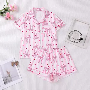 Cute Pink Heart 2-piece Pajama set for Women Bow Prints Perfect Mother’s Day Gift | Bridal Party PJ | Striped Button-Down Loungewear | Valentine’s Day Nightwear | Stylish 2pc PJ Outfit Womenswear Short Sleeve Girly Homewear Stretchy pajamas