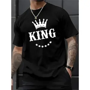 Men's KING Graphic Cotton T-Shirt - White Casual Street Style with Bold Black Print, Round Neck, Short Sleeve, All-Season Comfort Fit, Allseason Apparel | Regular Fit Top | Knitted Texture