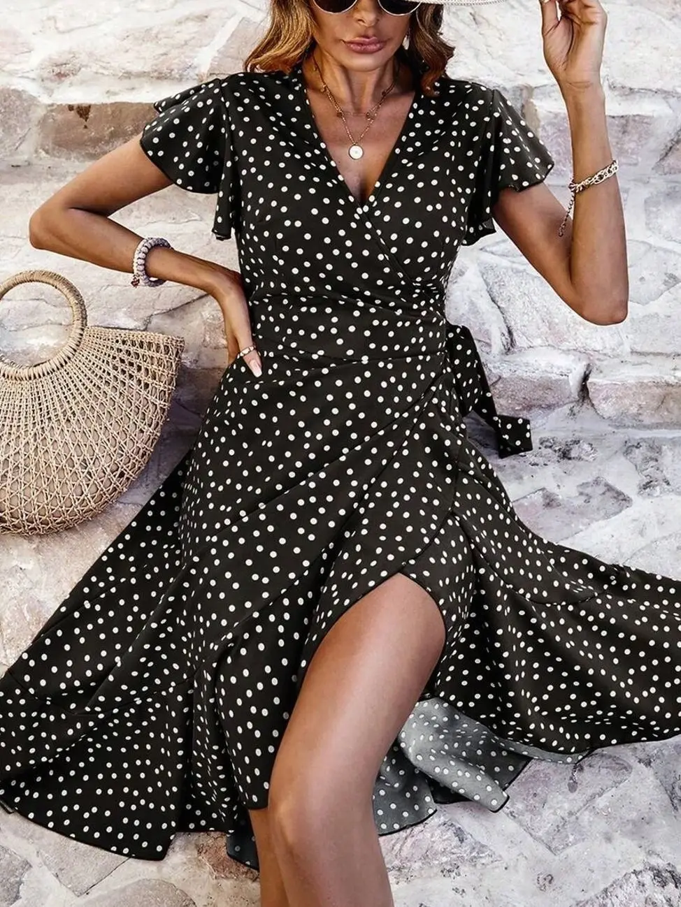 Polka Dot Print Butterfly Sleeve Knot Side Wrap Dress - V Neck, Flounce  Sleeve, Casual Summer Beach Dress, Coffee Brown, A Line, High Waist,  Machine Washable - Fabric - TikTok Shop
