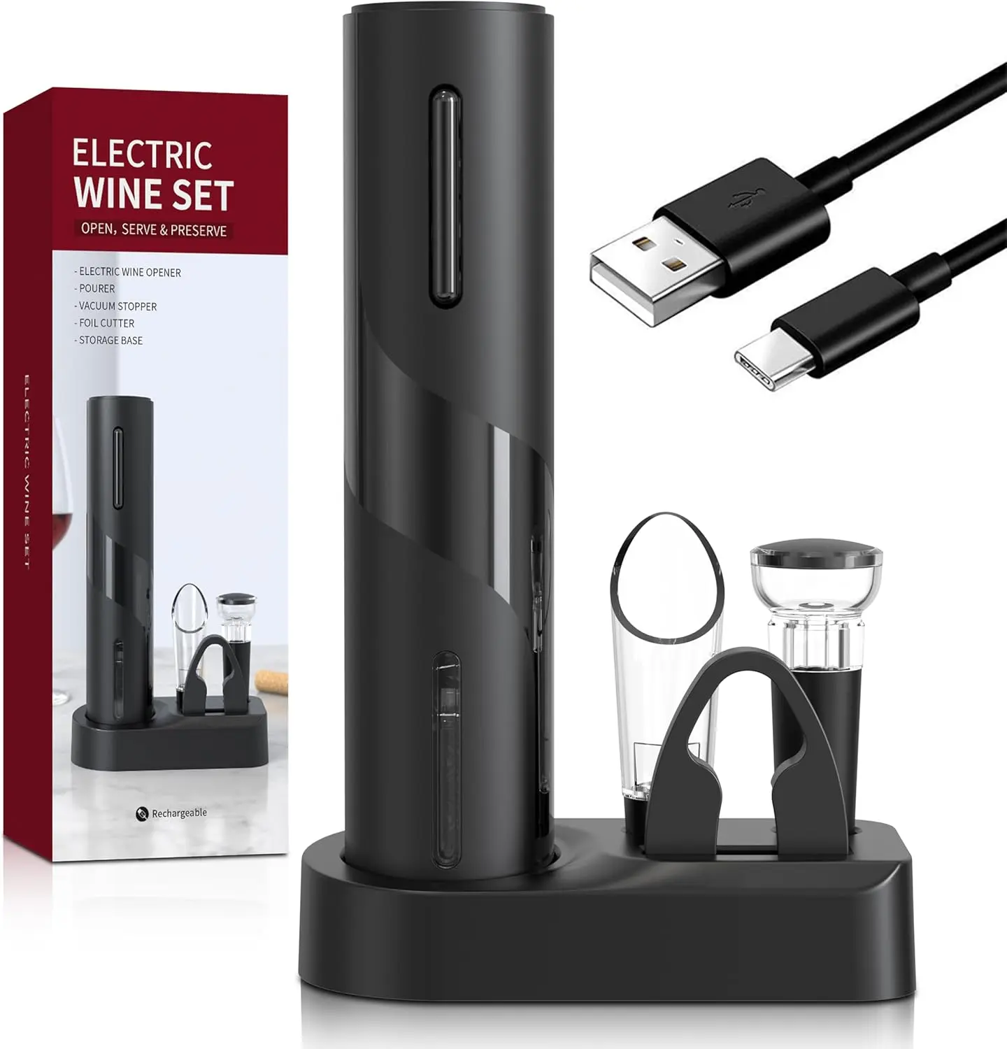 Electric Bottle Opener 5-in-1 ElectricWine Bottle Opener with Rechargeable Storage Base, ,  Pour&  Stopper