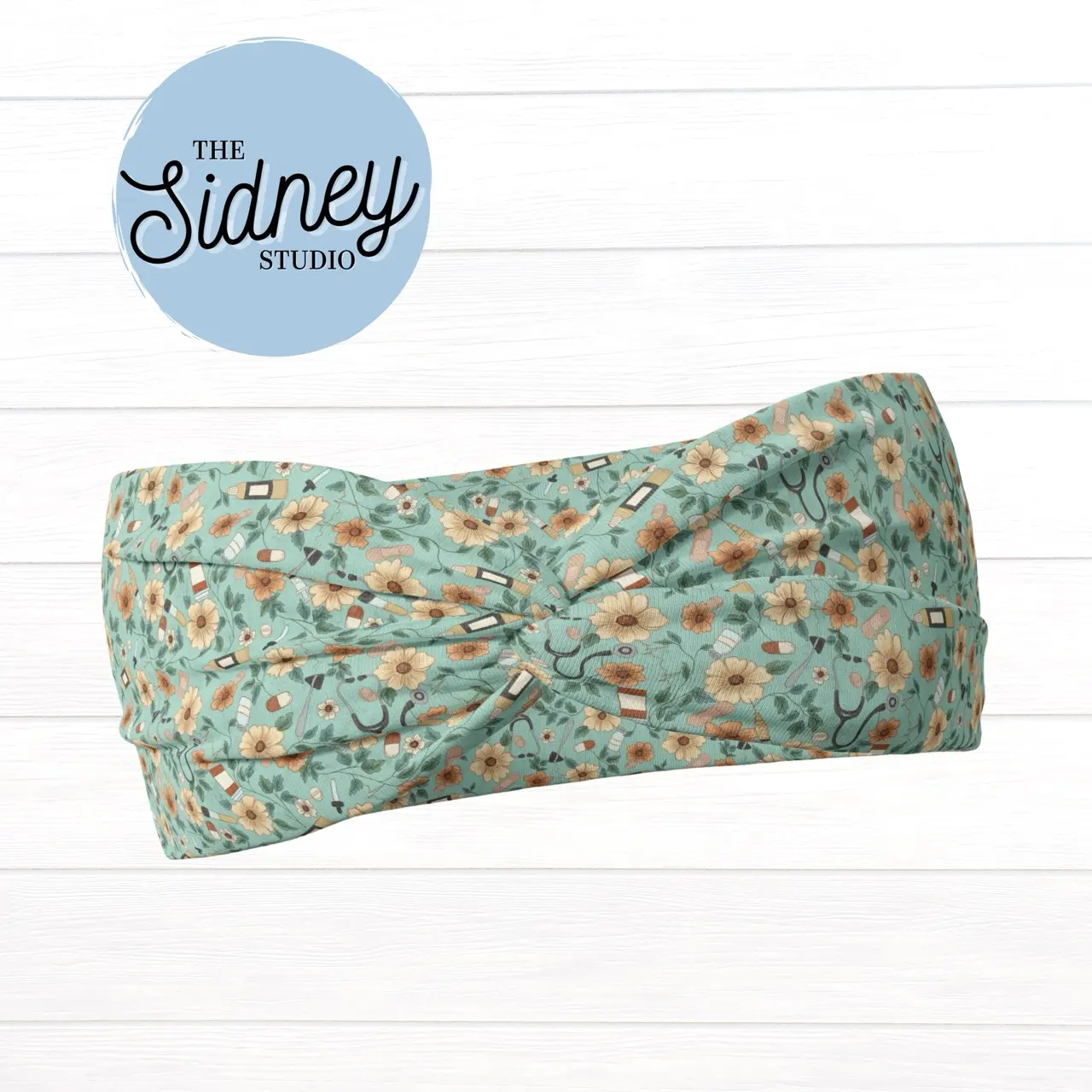 The Sidney Studio Teal Nurse Floral Wide Twist Headband for Women Soft Double Brushed Polyester Stylish Practical Hair Accessories