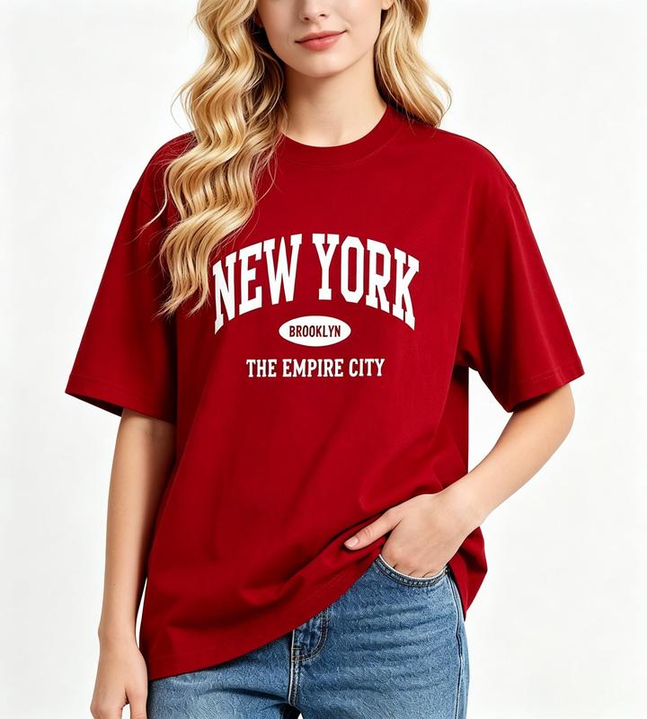 Women's Oversized Short Sleeve Crew Neck T-Shirt - New York Brooklyn City Graphic, Comfortable Cotton Fabric, Relaxed Fit Top