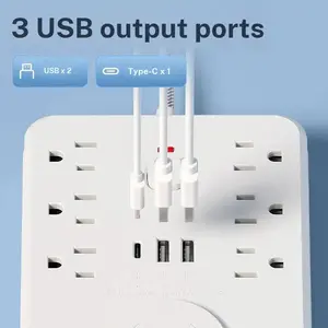 Multi-Function Home Socket with 3 USB/2 Type-C, Wireless Charging, Multiple Outlets, Long Power Cord, Portable for Outdoor Use