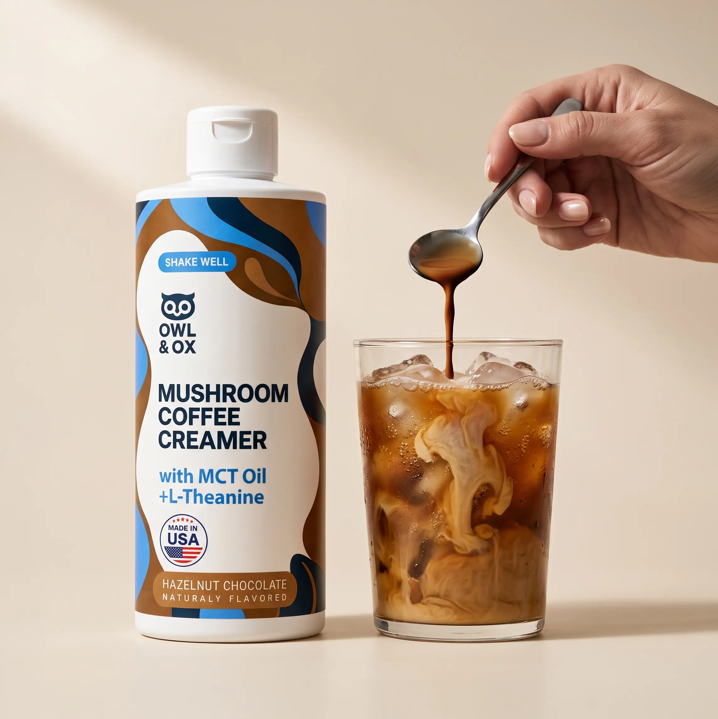 Mushroom Coffee Creamer - Chocolate Hazelnut | Zero Sugar Non Dairy Liquid Creamer with Functional Mushroom Blend, MCT Oil & L-Theanine - Keto Friendly Lightly Sweet Taste Creamer for Coffee, Tea, Matcha, Smoothies & Protein Shakes - 30 Servings