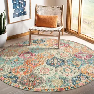 Moroccan Trellis Washable Round Area Rug, Round Rug 5ft Soft Non-Slip, Non-Shedding Distressed Circle Carpet for Bedroom Living Room Bathroom Nursery Kitchen Elise, Cream/Multi