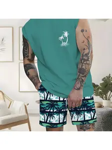Men's Sleeveless Tropical Printed Beach Shorts Set, Summer Cool Casual Sports Wear, Breathable Comfort Couple Swimwear Matching