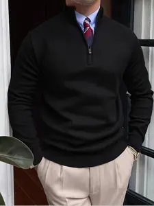 Men's Winter New Half-Zip Stand Collar Fleece Lined Sweater, Soft Warm Knit Fitted Pullover, Casual Plain Long Sleeve, Comfortable Daily Wear