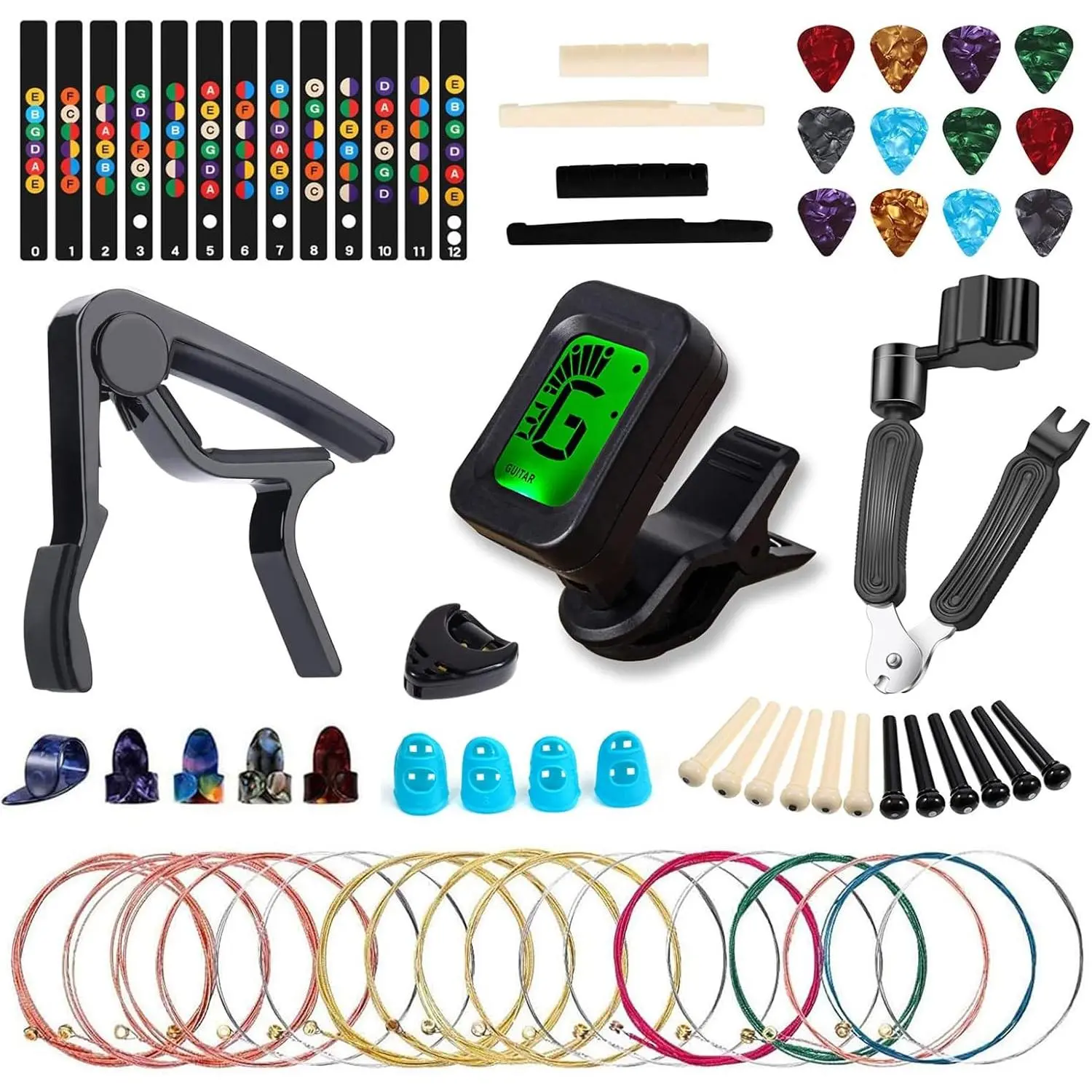 60 count Acoustic Guitar Accessories Kit Including Guitar Strings, Tuner, Capo, 3-in-1 Restring Tool, Pick Holder, Bridge Pins, Nuts & Saddles, Finger Protector, Finger Picks, Fretboard Stickers
