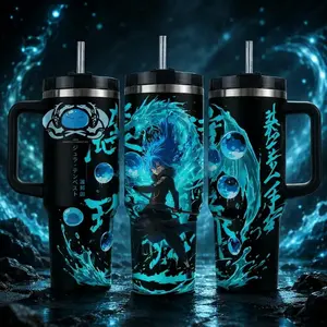 Rimuru Tempest Anime Travel Mug 20oz 40oz, Slime Kingdom Inspired Stainless Steel Cup With Handle, Blue Water Aura Drinkware, Straw Lid Gift For Manga Fans