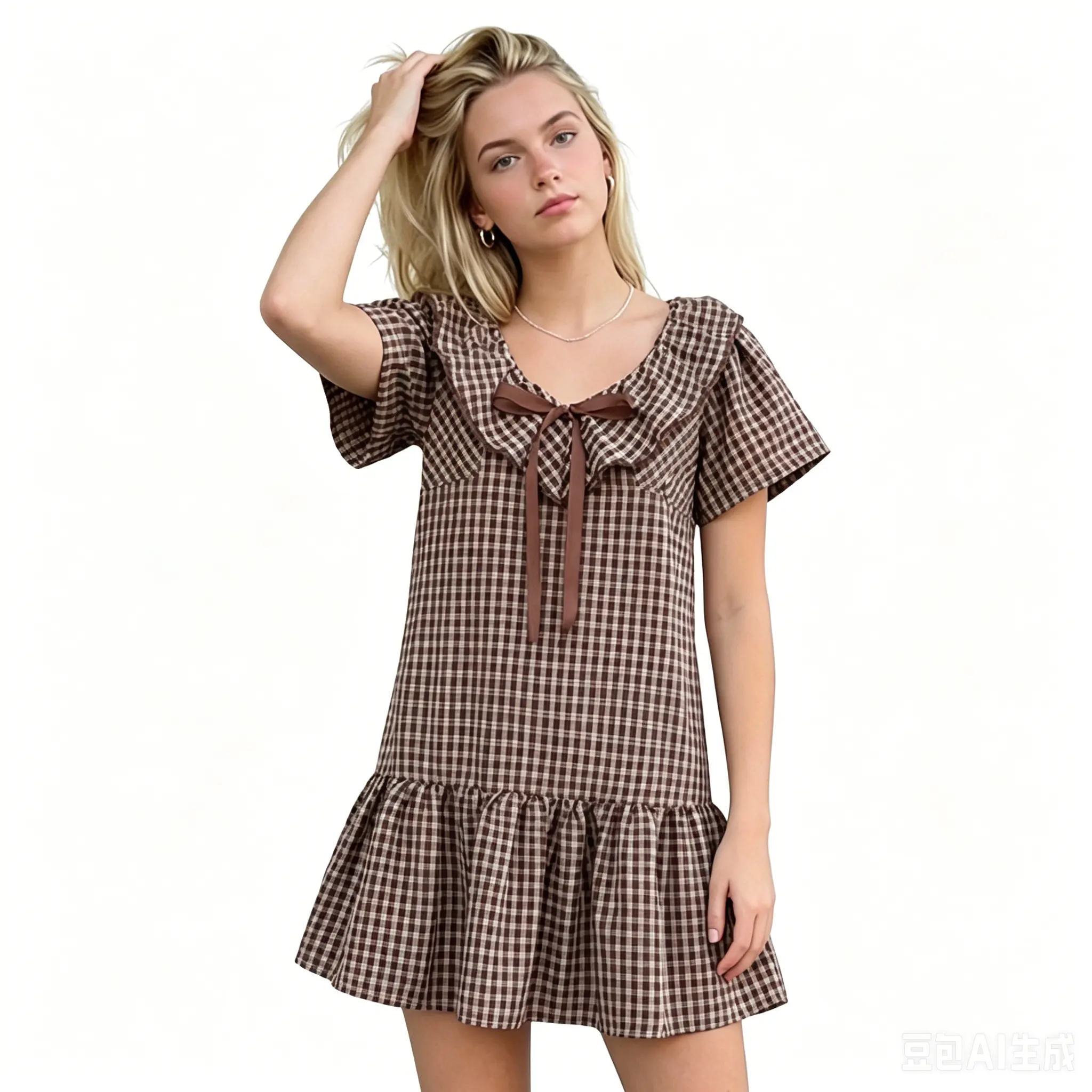 Women's Cute Gingham Ruffled Cotton-Polyester Blend Babydoll Mini Dress - Casual Wear, Short-Sleeve Puff Sleeves, Bow-Tie V-Neck, Daily Casual Dress