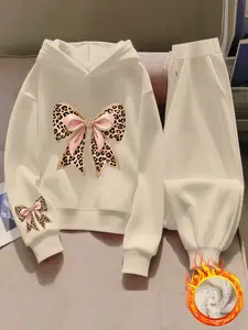 Women's Hooded Leopard Print Set, Fleece Lined Jacket & Pants, Winter Casual Warm, Comfortable Two-Piece Suit for Ladies