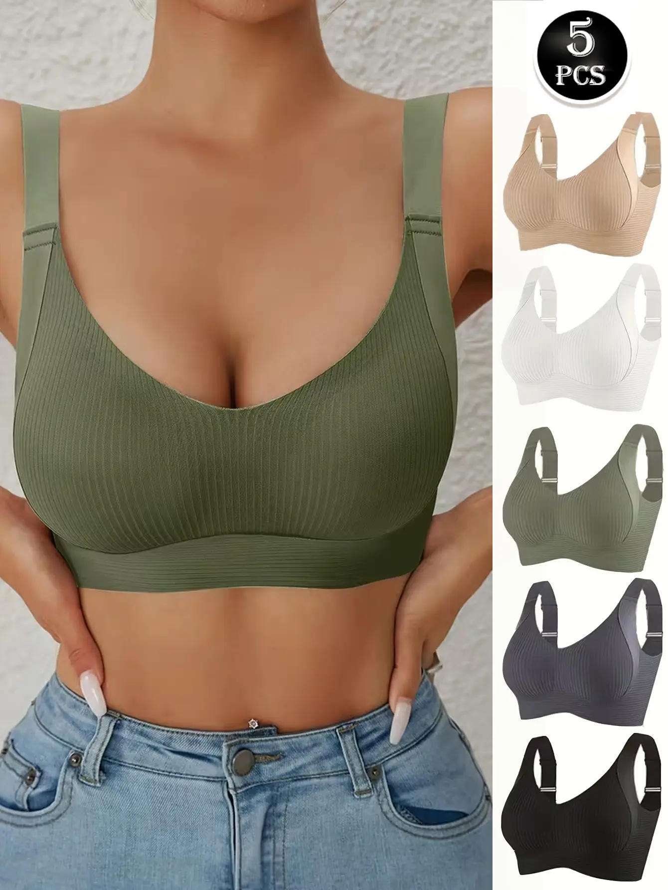 5pcs Women's Seamless Wireless Bras V-Neck Full Coverage Back Smoothing High Stretch Breathable Adjustable Straps Removable Pads Light Support Comfortable Everyday Bras for Yoga Daily Wear, Underwear For Women, Bras For Women