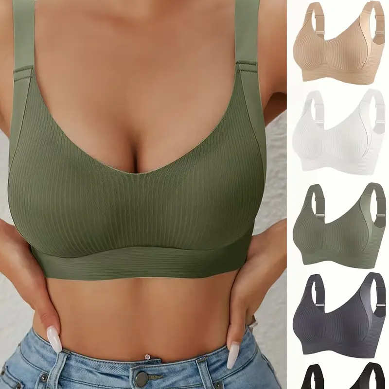 Women's 5-Piece Seamless Wireless V-Neck Push Up Bras - 3/4 Coverage, Back Smoothing, High Stretch, Breathable, Adjustable Straps, Removable Pads, Light Support, Polyamide Blend, Plain Retro All-Season Everyday Underwear for Wedding & Activewear