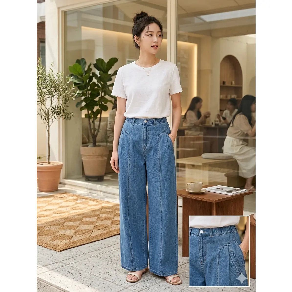 Wash Seamed Wide-Leg Denim Pants