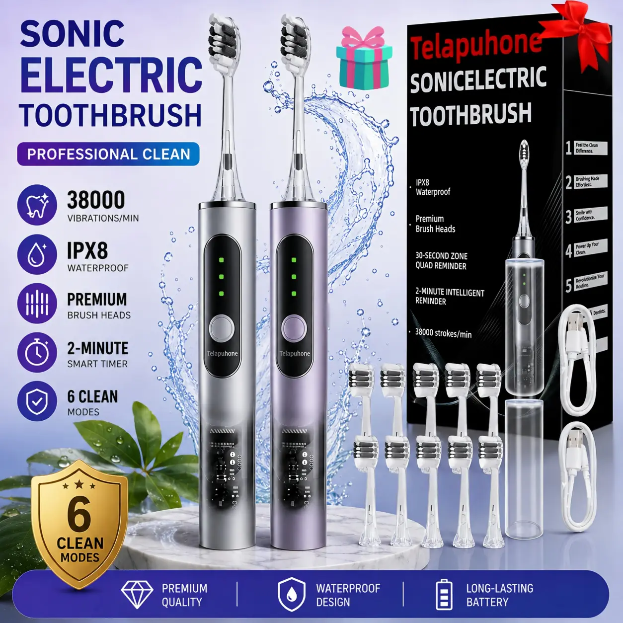 Sonic Electric Toothbrush for Adults, 6 Cleaning Modes, High-Frequency Vibration, Rechargeable Toothbrush with 5/10 Replacement Brush Heads, IPX8 Waterproof, Gift Idea for Men and Women