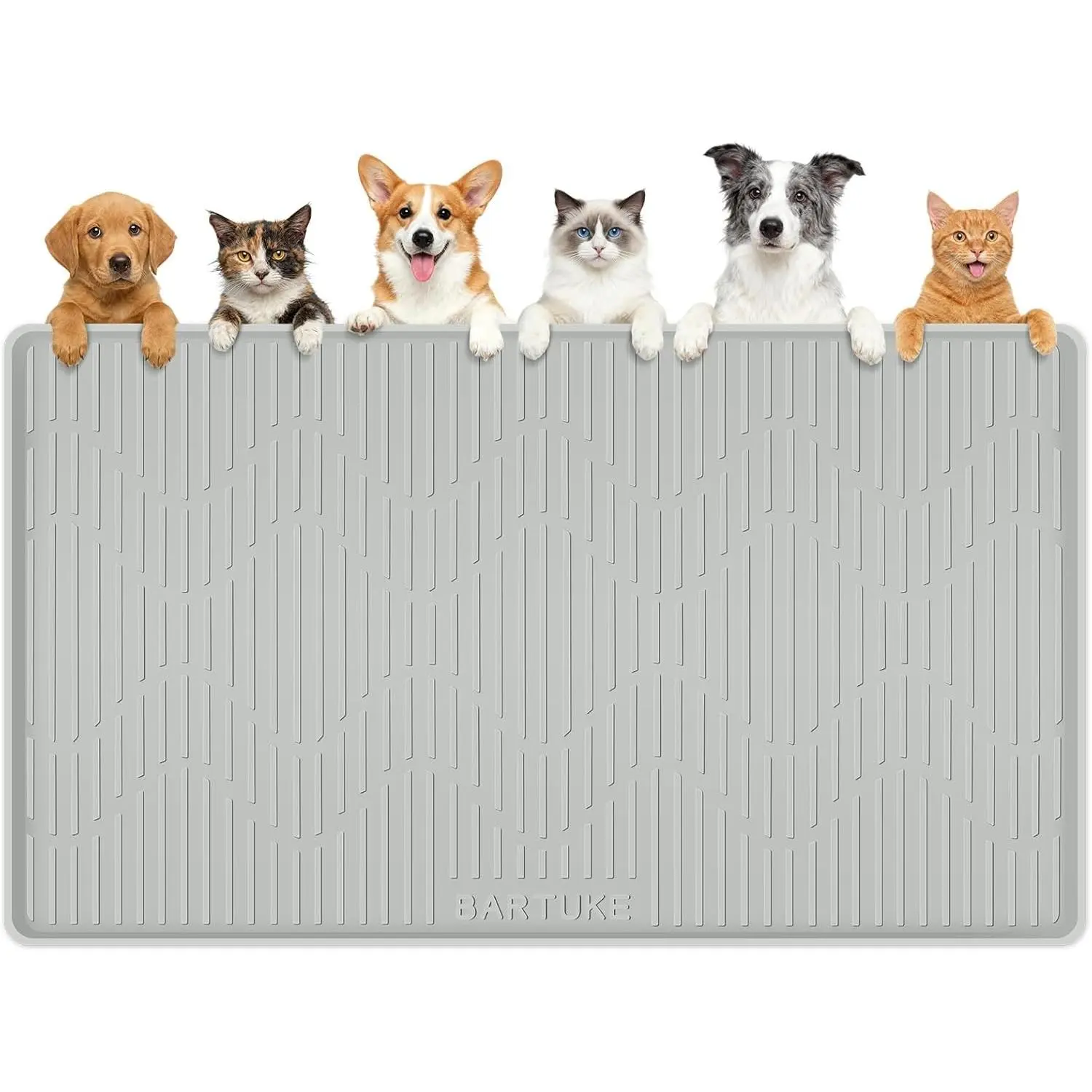 Silicone Cat & Dog Food Mat, 50" x 34" Extra Large Pet Feeding Mat for Cats and Dogs, Waterproof Leakproof Pet Placemat with Raised Edge for Food and Water (Grey)