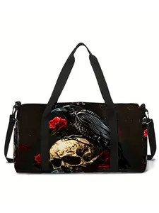 Crow Skull & Red Rose Pattern Print Large-Capacity Travel Duffel Bag, Portable Handheld Storage Bag