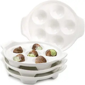 4 Pack Ceramic Escargot Plates with 6 Holes and Handles, 6.5 Inch Seafood Snail Footed Plates White Escargot Baking Dish for Home Kitchen Restaurant Barbecue