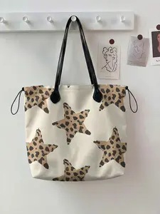 Leopard Print 2D Star Pattern Drawstring Tote Bag, Large Capacity Durable Shopping Bag for Work, Shopping and Picnics