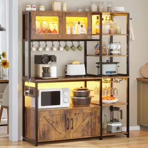 Sikaic 45.3 Inches Farmhouse Coffee Bar Bakers Rack with Power Outlet and LED Light Cabinet Kitchen with Storage Bookshelf