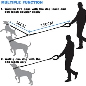 Tangle Free Dual Dog Leash Shock Absorbing Durable Nylon Bungee Reflective Universal No Pull Harness for Small Medium Large Dogs Swivel Leash 50CM & 150CM Straps