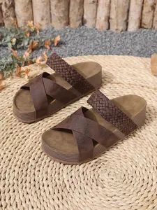 Summer New Flat Heel Thick Sole Women's Sandals, One-Click Casual Comfortable Slip-On Slippers, PU Leather, Solid Pattern, Thick Sole Support