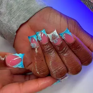 24pcs Duck Bill Nails, Nude Light Blue French Tip False Nails, 3D Flowers & Rhinestones, Glossy Salon Quality, Easy Wear, Summer Party