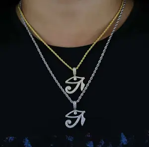 Egyptian Eye of Power Pendant Necklace - CZ Inlaid Brass Pharaoh's Eye Design, Goldtone Chain with Synthetic White Crystal Stones, Cultural Intricate Design Fashion Accessory, Egyptian Jewelry