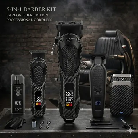 LQT Men's Stainless Steel 5-in-1 Barber Equipment Kit - Adjustable Cordless USB Rechargeable Hair Clipper, T-Edge Tool, Detail Groomer, Electric Shaver, Nose Trimmer with LED Digital Display, Birthday Gift for Home/Salon Chop/Buzzcut Use