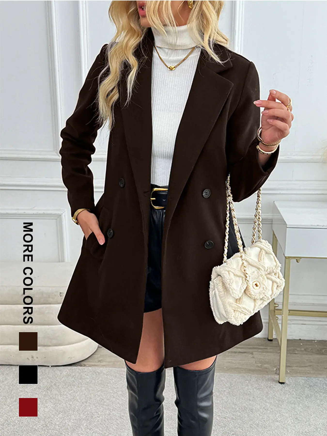 Women's Sexy Double Button Pocket Coat, Casual Fashion Long Sleeve Lapel Jacket, Perfect for Daily Outdoor Streetwear, Autumn & Winter Elegance