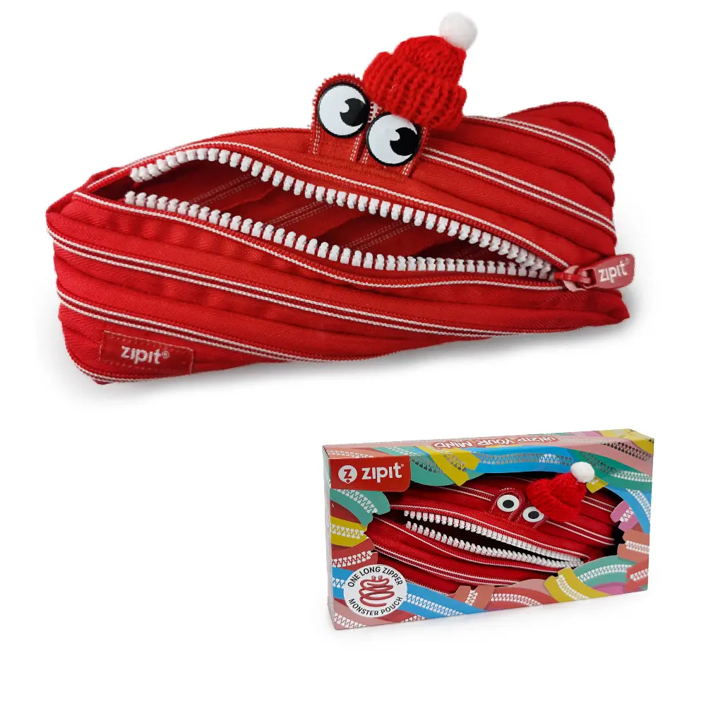 ZIPIT Holiday Monster Pouch for Kids, Gift Box Included, Cute Design with Mini Beanie Hat