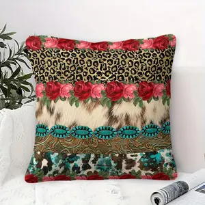 Vibrant Eclectic Throw Pillow with Digital Print, 45cm Square Cushion, Stunning Leopard Print & Red Floral Motifs,Perfect Decorative Accent for Bedroom & Sofa, Stylish Home Decor Includes Pillow Insert