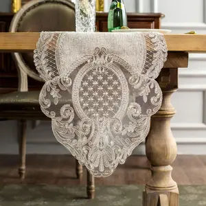 Lace Table Runner Rectangle Gray Cotton Dresser Scarf with Embroidery Table for Wedding Party Dining Decoration (Stone Gray, 16 x 48 Inch)
