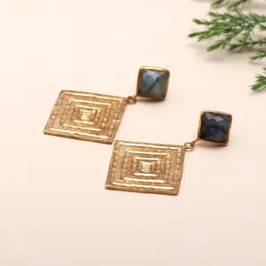 Brass Labradorite Stud Earrings with Hammered Texture Engraving