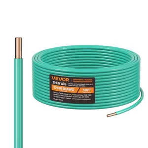 VEVOR 10 AWG Solid THHN Wire, 100 OFC Copper Electrical Building Wire with Nylon Jacket PVC Insulation, Rated for Up to 600 Volts, Heavy-Duty for Residential, Industrial, Commercial, Green (50 Feet)