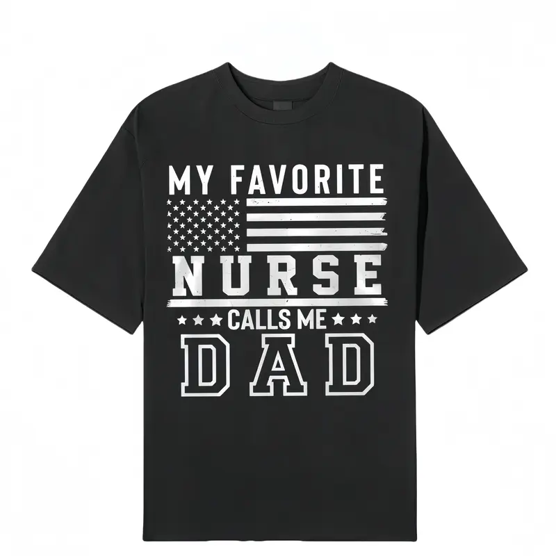 Men's Casual Short-Sleeve Round Neck Graphic T-Shirt - Dad Style Digital Print "My Favorite Nurse Calls Me Dad", Menswear Top, Great for Casual Hangouts & Errands, Everyday Plans, Father’s Day Gift, Summer Wear