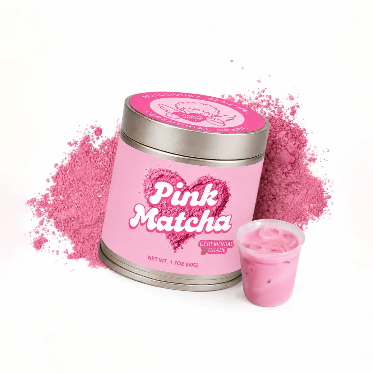 Angel's Harvest Pink Matcha Beverage Powder - Ceremonial Grade Japanese Matcha, Vitamin C-Infused, Vegetarian, Sugar Free, Beetroot-Enhanced, Fruity, Clean Energy, Skin Glow (50g/1.76oz) with Strawberry & Hibiscus Powders