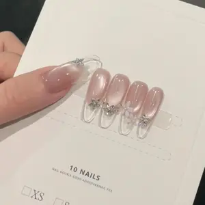 Ombre Pink Long Water-drop Shaped Ombre Finish Press-on Fake Nails with 3D Flower Decor, Nail Art Decoration, Stylish Japanese-Korean Design for Women, Includes Jelly Glue and File for Easy Reusable Wear