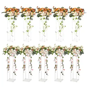 10-Piece 23.6 Inch High Wedding Flower Stand Set With Acrylic Laminate Panels And Clear Acrylic Vase Columns, Geometric Centerpiece Stands For Floral Display, Ideal For T-Stage Events, Receptions, Parties, And Home Decor