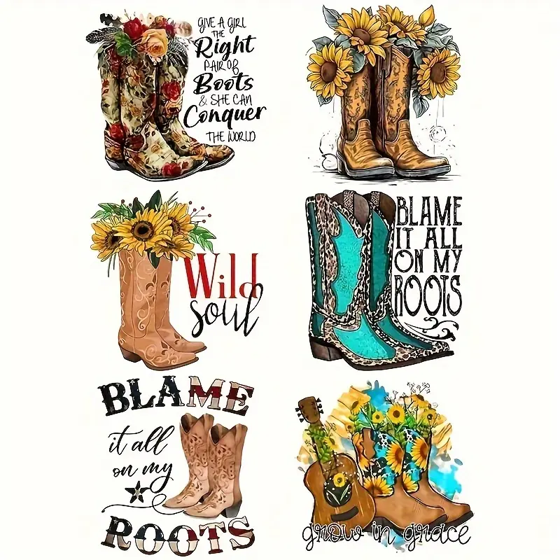 6 Pack Vivid Vinyl Transfer Stickers for DIY T Shirts Clothing Heat Pressing with Cowboy Boots Sunflower Patterns Stylish Unique Gift for Craft Lovers