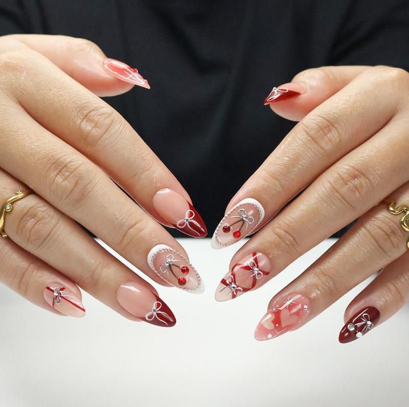 Press On Nails Cherry Charm with Silver Bows | 3D Pearl & Heart Nail Art in Medium Almond | Handmade Elegant Nail Art for Holiday, Birthday Satamiis