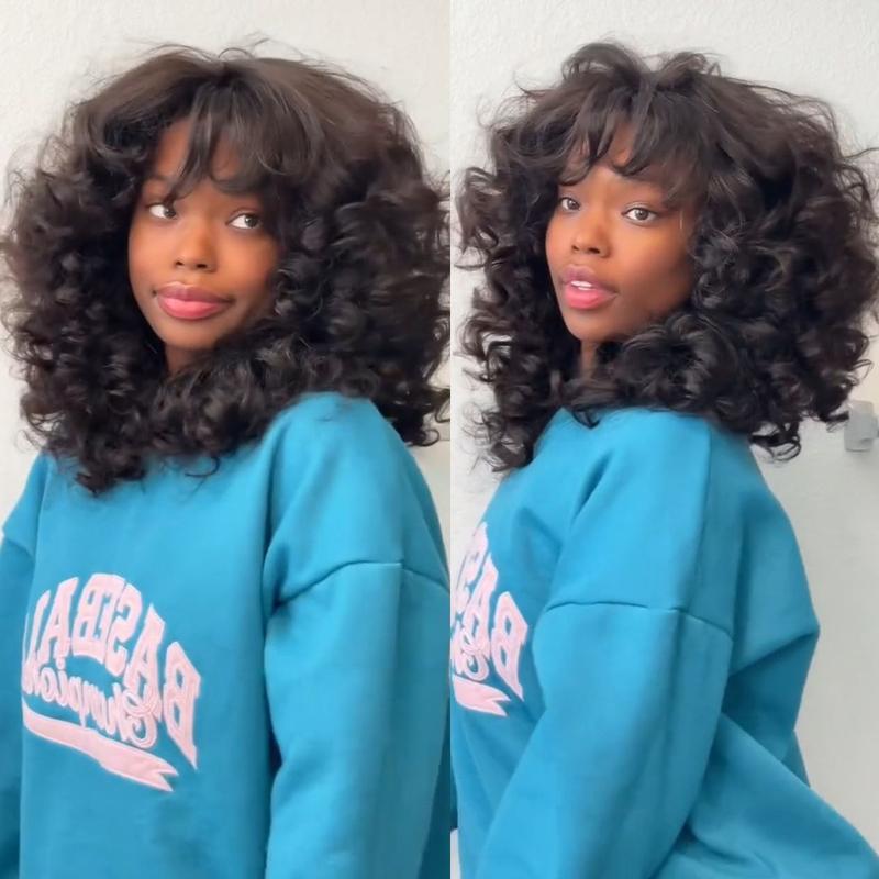 Suntuhair 250% Density Wig Blow Out Luxurious Bomb 12A Brazilian Human Hair Funmi Bouncy Curly Glueless Wigs Pre Plucked Hairline Pre Cut Lace 5x5 Lace Middle Part Closure Wigs Super Double Drawn Wig 90s Style